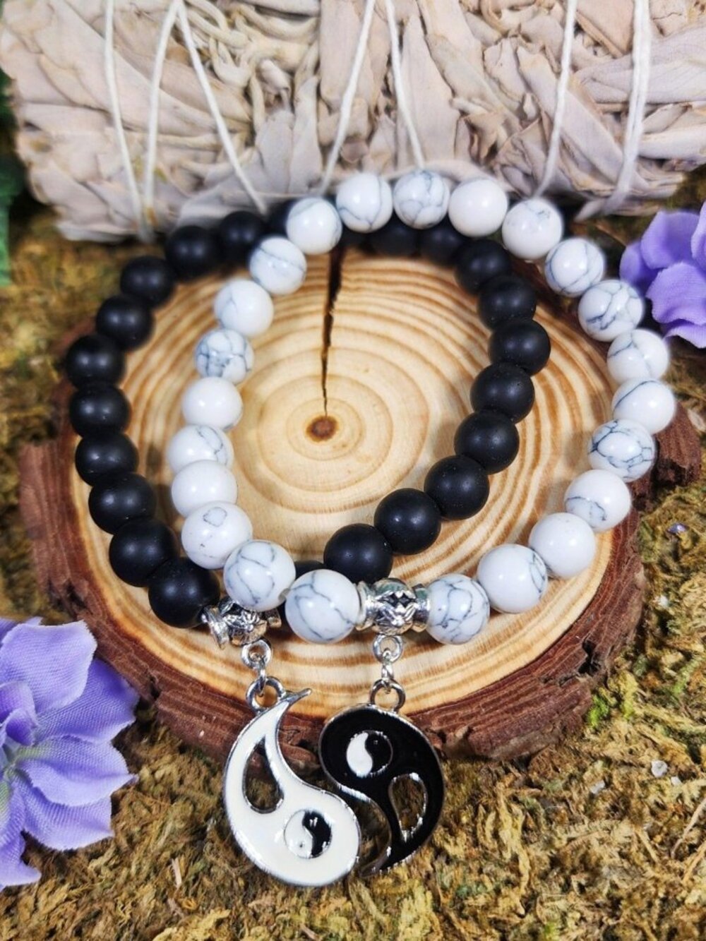 Yin Yang Howlite & Black Agate Couple's Bracelets #2